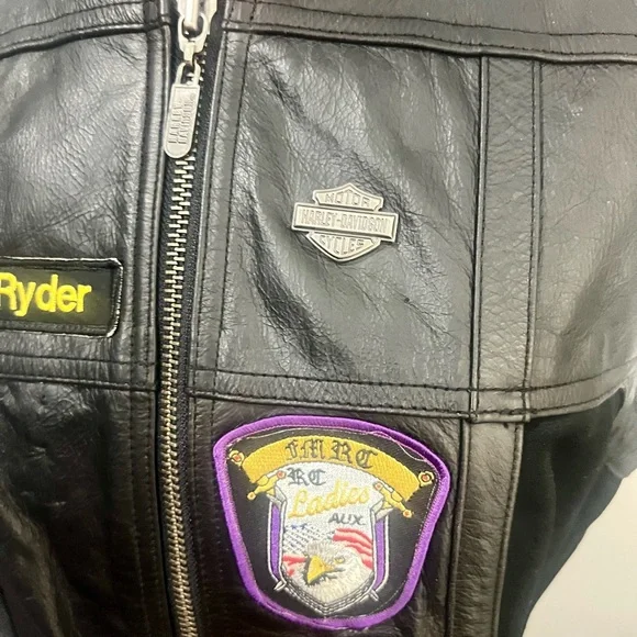 Harley-Davidson Black Leather Hoodie Vest with Colorful Patches Womens Small - Picture 7 of 10
